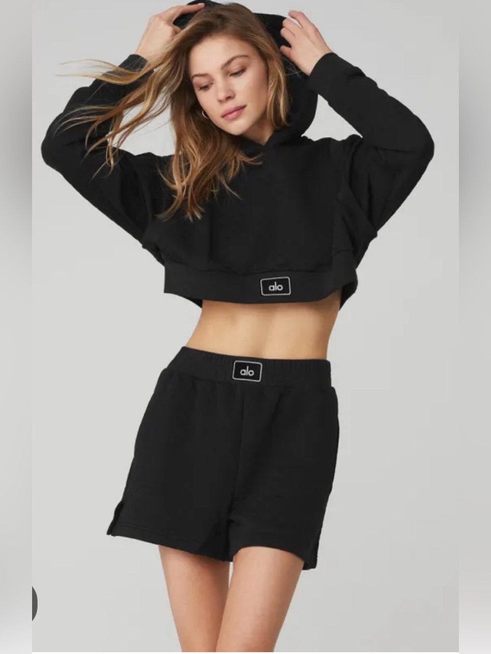 Alo Cropped Quilted Area Hoodie & Shorts Set in Black XS